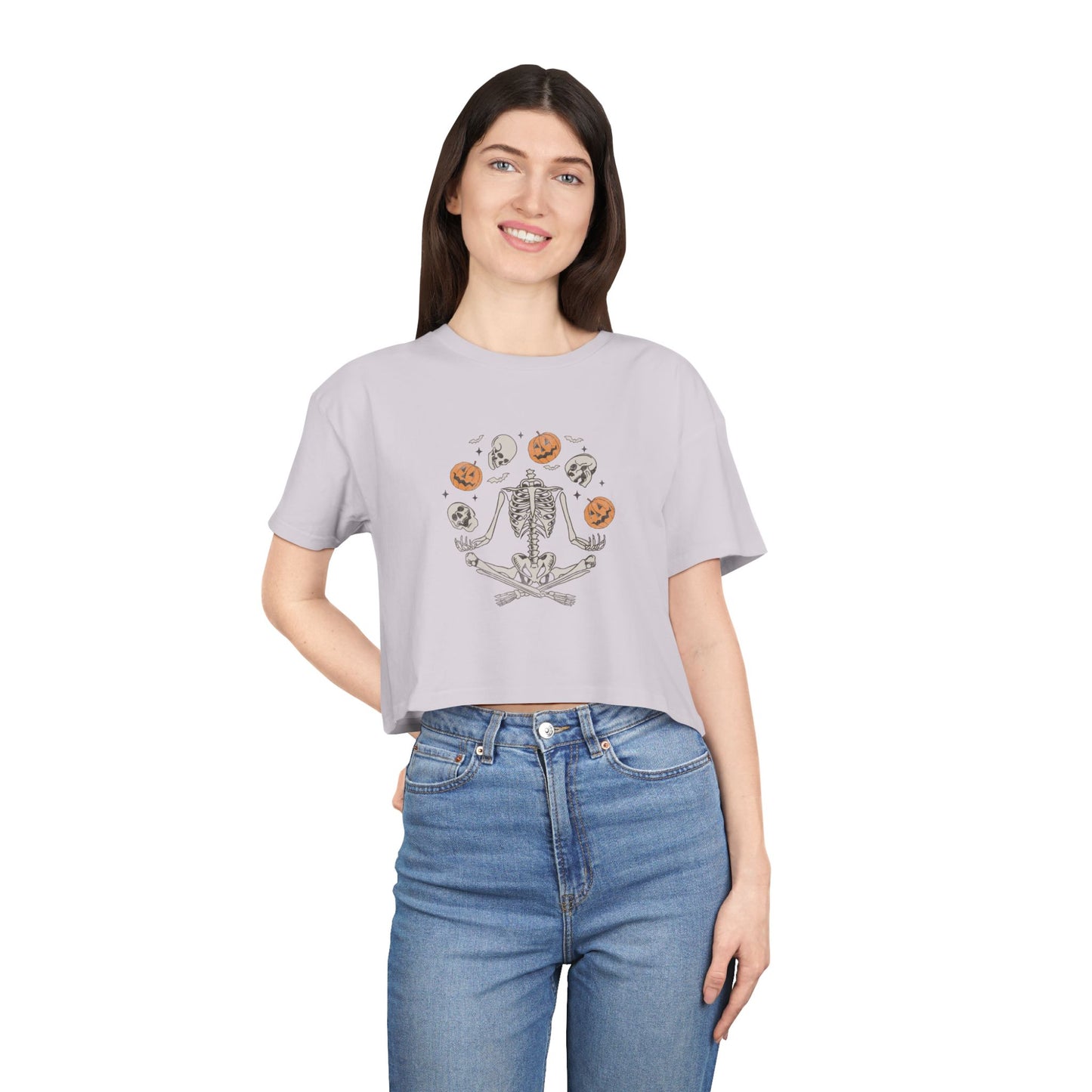 Halloween-Themed Women's Crop Tee, Spooky Season Top, Skeleton and Pumpkin Shirt, Casual Halloween Outfit, Fall Festive Apparel
