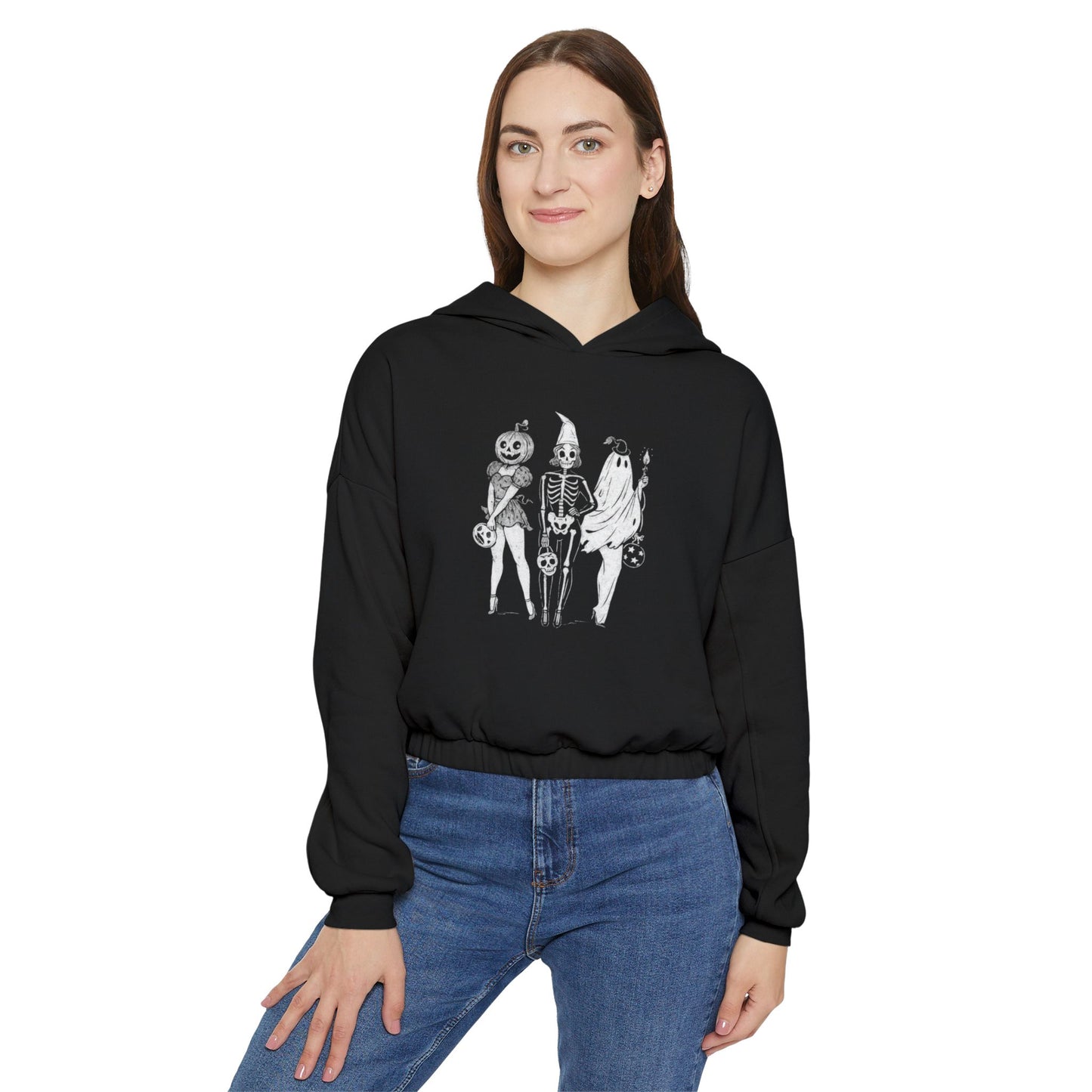 Halloween Graphic Cinched Hoodie for Women, Cozy Sweater, Casual Wear, Spooky Season Fashion, Halloween Costume Alternative