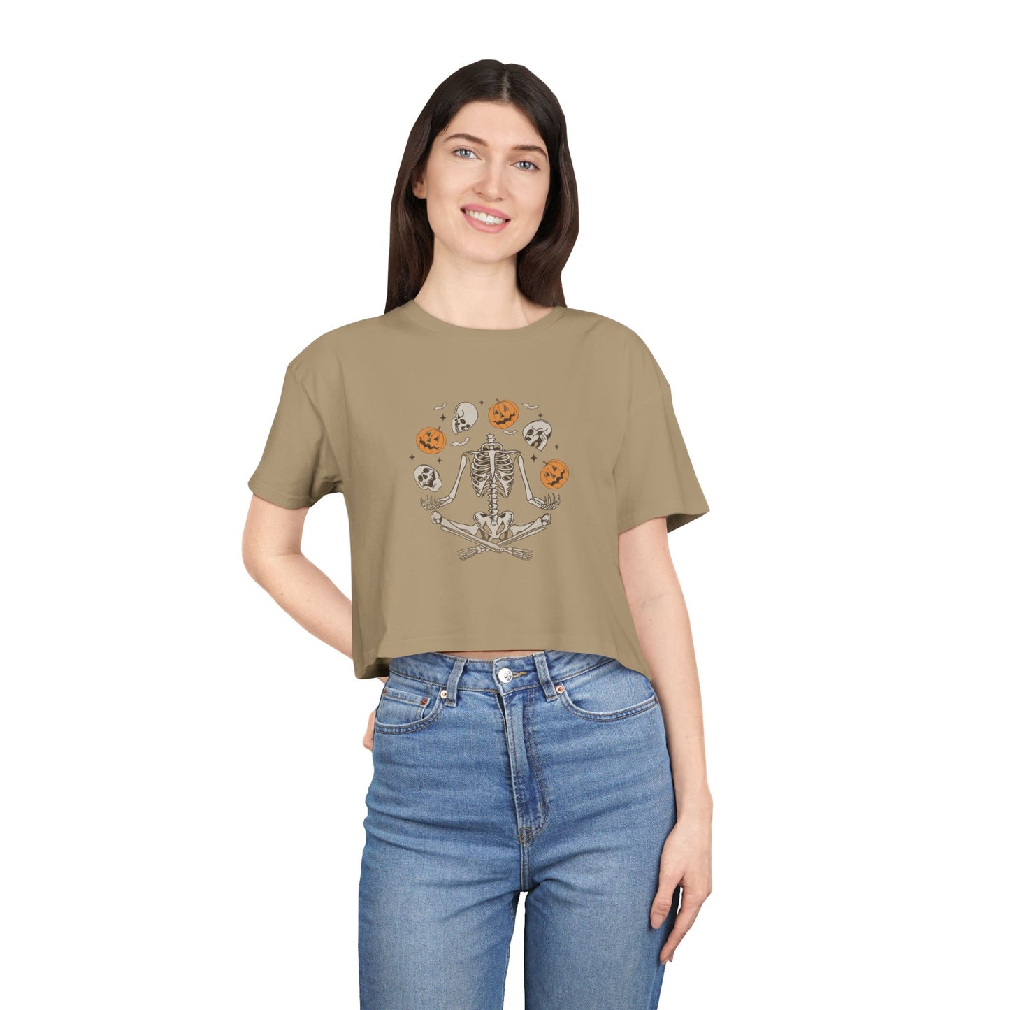 Halloween-Themed Women's Crop Tee, Spooky Season Top, Skeleton and Pumpkin Shirt, Casual Halloween Outfit, Fall Festive Apparel