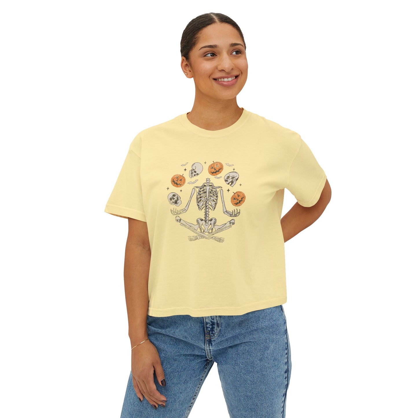 Spooky Skeleton Women's Boxy Tee, Halloween Shirt, Casual Fall Tee, Graphic Top, Trendy Outfit