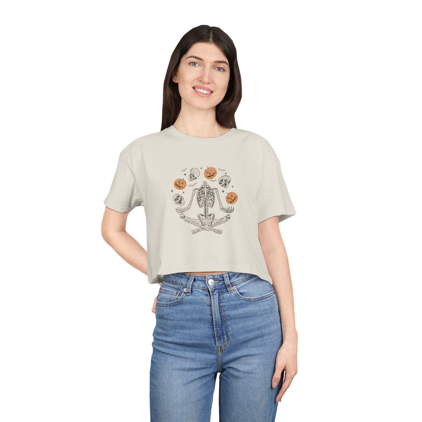 Halloween-Themed Women's Crop Tee, Spooky Season Top, Skeleton and Pumpkin Shirt, Casual Halloween Outfit, Fall Festive Apparel