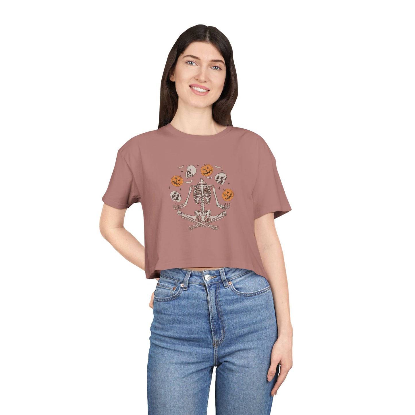 Halloween-Themed Women's Crop Tee, Spooky Season Top, Skeleton and Pumpkin Shirt, Casual Halloween Outfit, Fall Festive Apparel