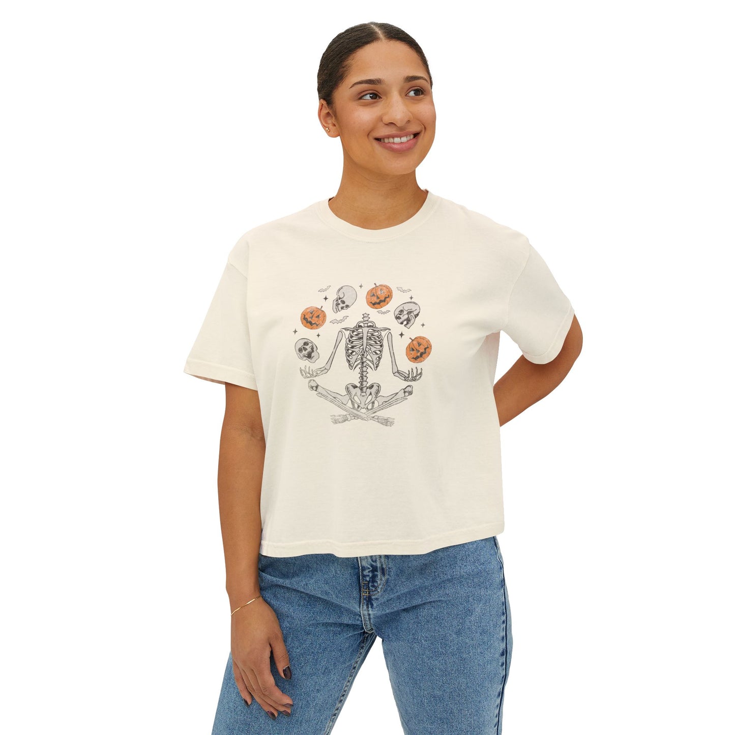 Spooky Skeleton Women's Boxy Tee, Halloween Shirt, Casual Fall Tee, Graphic Top, Trendy Outfit