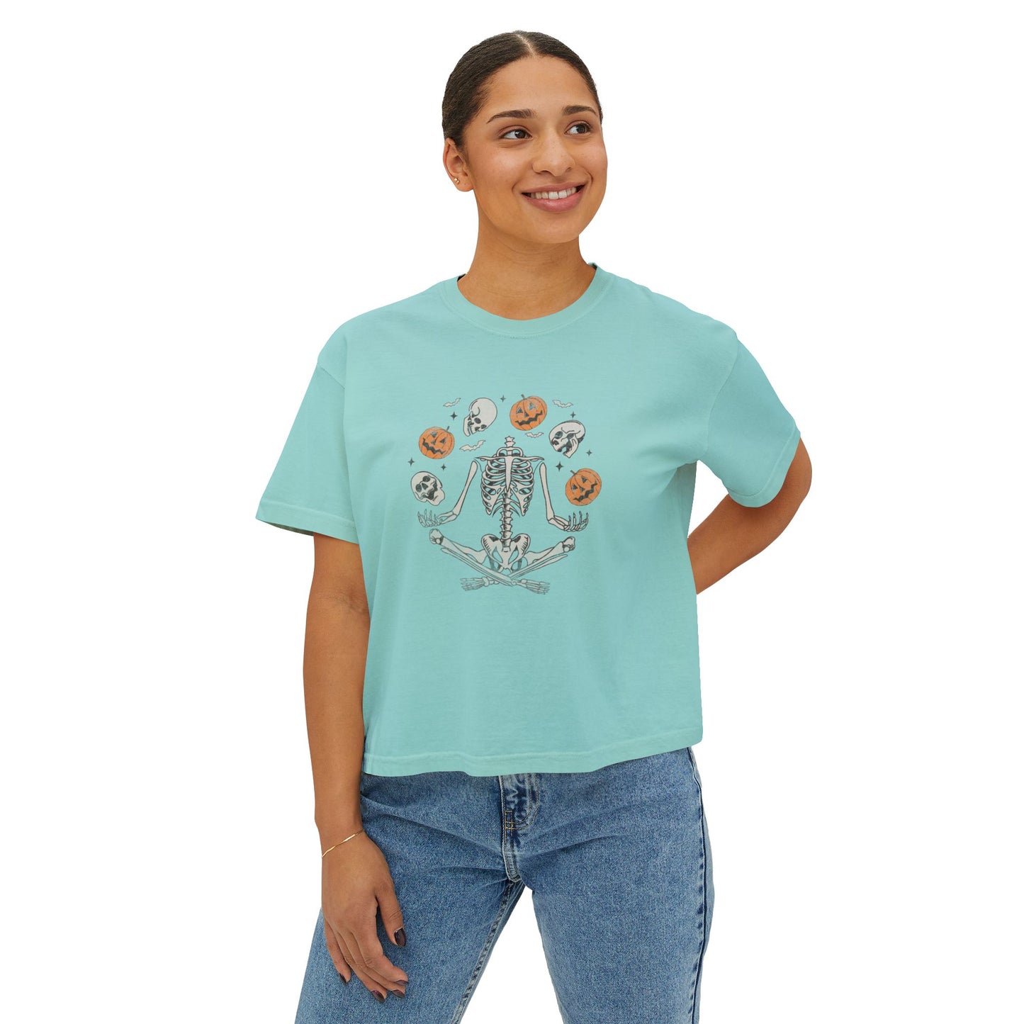 Spooky Skeleton Women's Boxy Tee, Halloween Shirt, Casual Fall Tee, Graphic Top, Trendy Outfit