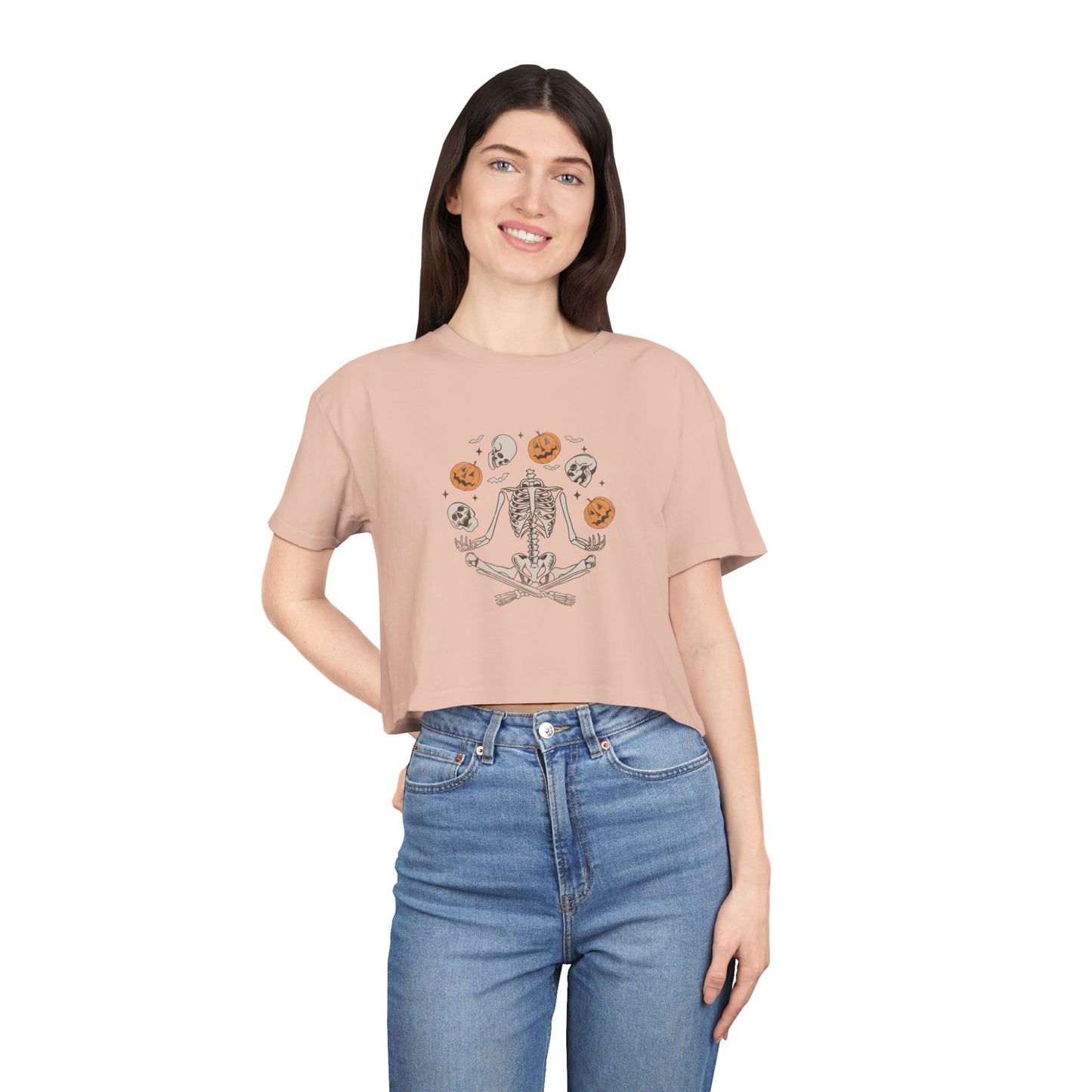 Halloween-Themed Women's Crop Tee, Spooky Season Top, Skeleton and Pumpkin Shirt, Casual Halloween Outfit, Fall Festive Apparel
