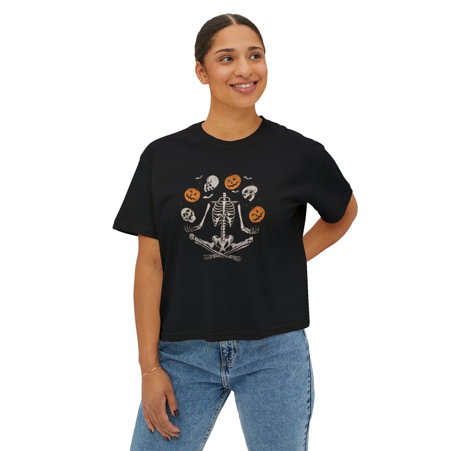 Spooky Skeleton Women's Boxy Tee, Halloween Shirt, Casual Fall Tee, Graphic Top, Trendy Outfit