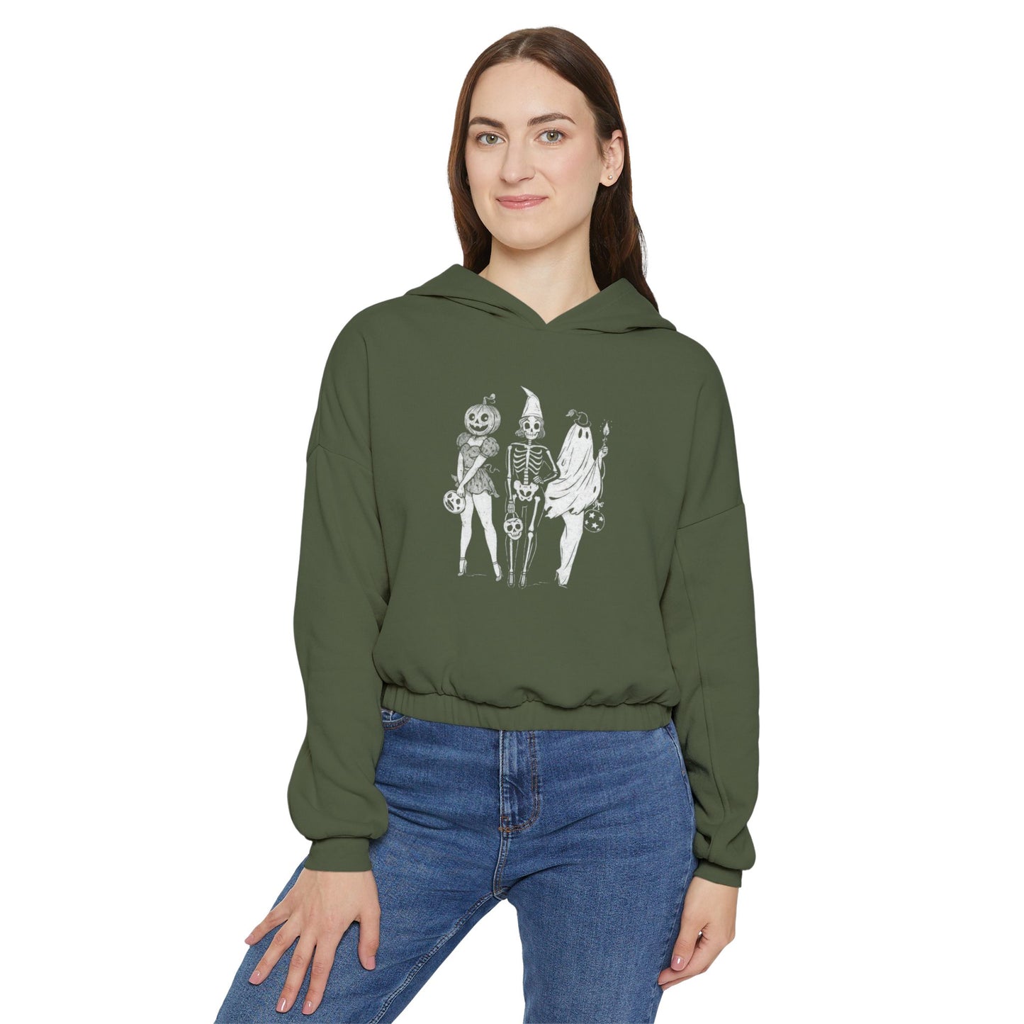 Halloween Graphic Cinched Hoodie for Women, Cozy Sweater, Casual Wear, Spooky Season Fashion, Halloween Costume Alternative