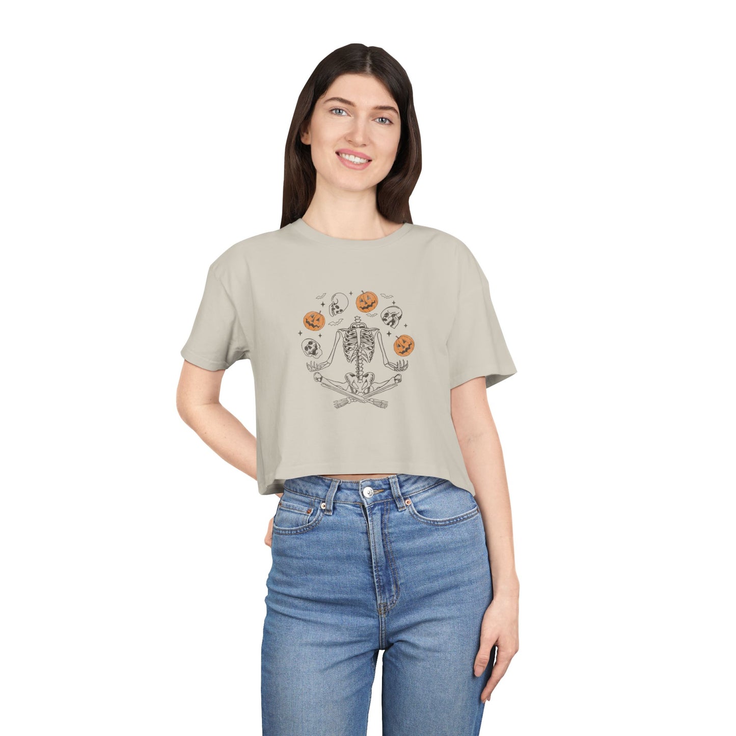 Halloween-Themed Women's Crop Tee, Spooky Season Top, Skeleton and Pumpkin Shirt, Casual Halloween Outfit, Fall Festive Apparel