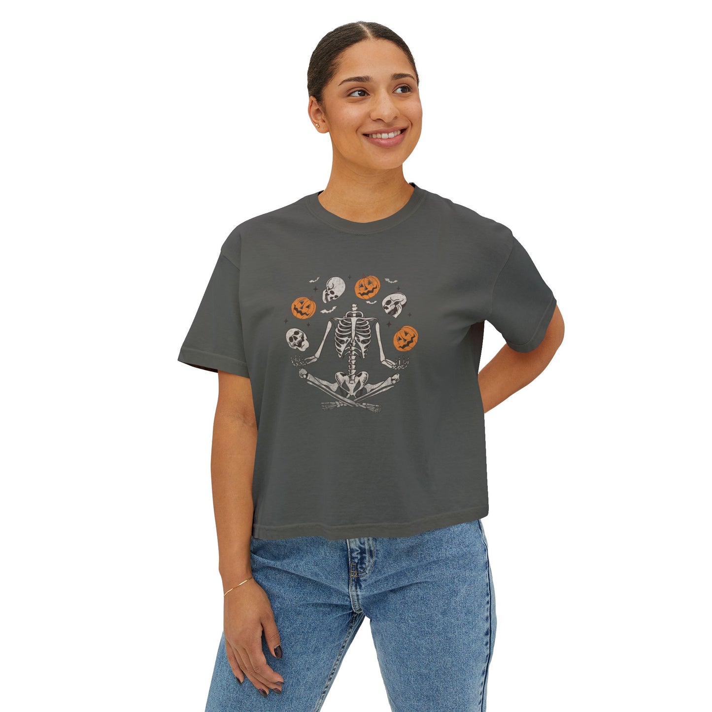 Spooky Skeleton Women's Boxy Tee, Halloween Shirt, Casual Fall Tee, Graphic Top, Trendy Outfit