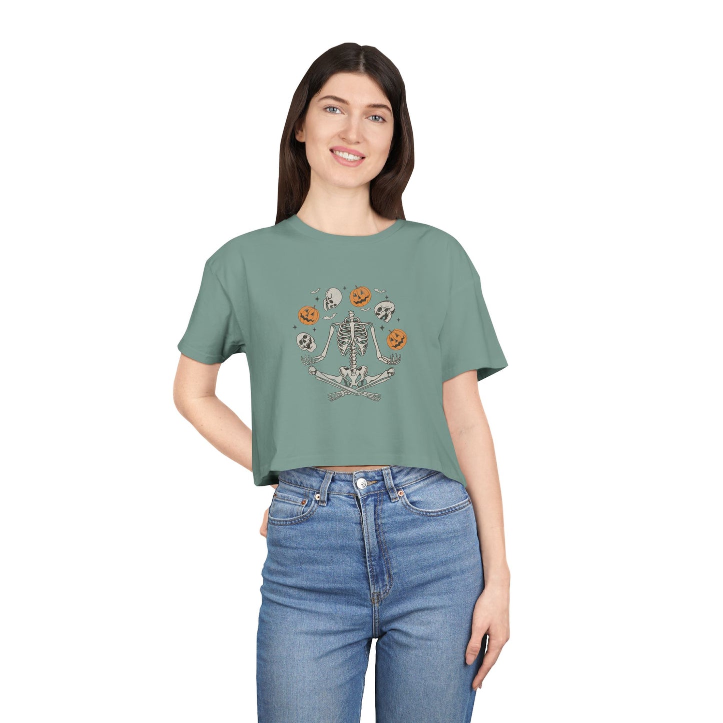 Halloween-Themed Women's Crop Tee, Spooky Season Top, Skeleton and Pumpkin Shirt, Casual Halloween Outfit, Fall Festive Apparel