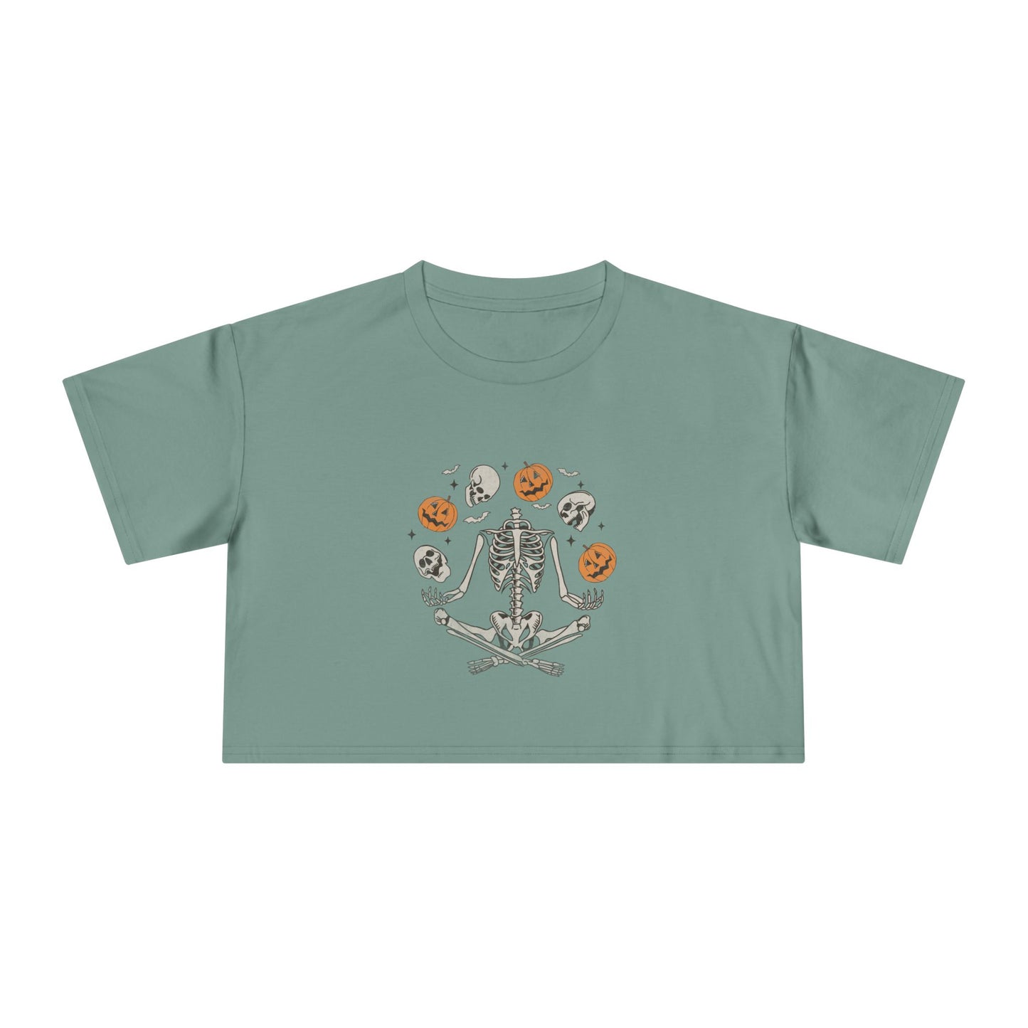Halloween-Themed Women's Crop Tee, Spooky Season Top, Skeleton and Pumpkin Shirt, Casual Halloween Outfit, Fall Festive Apparel