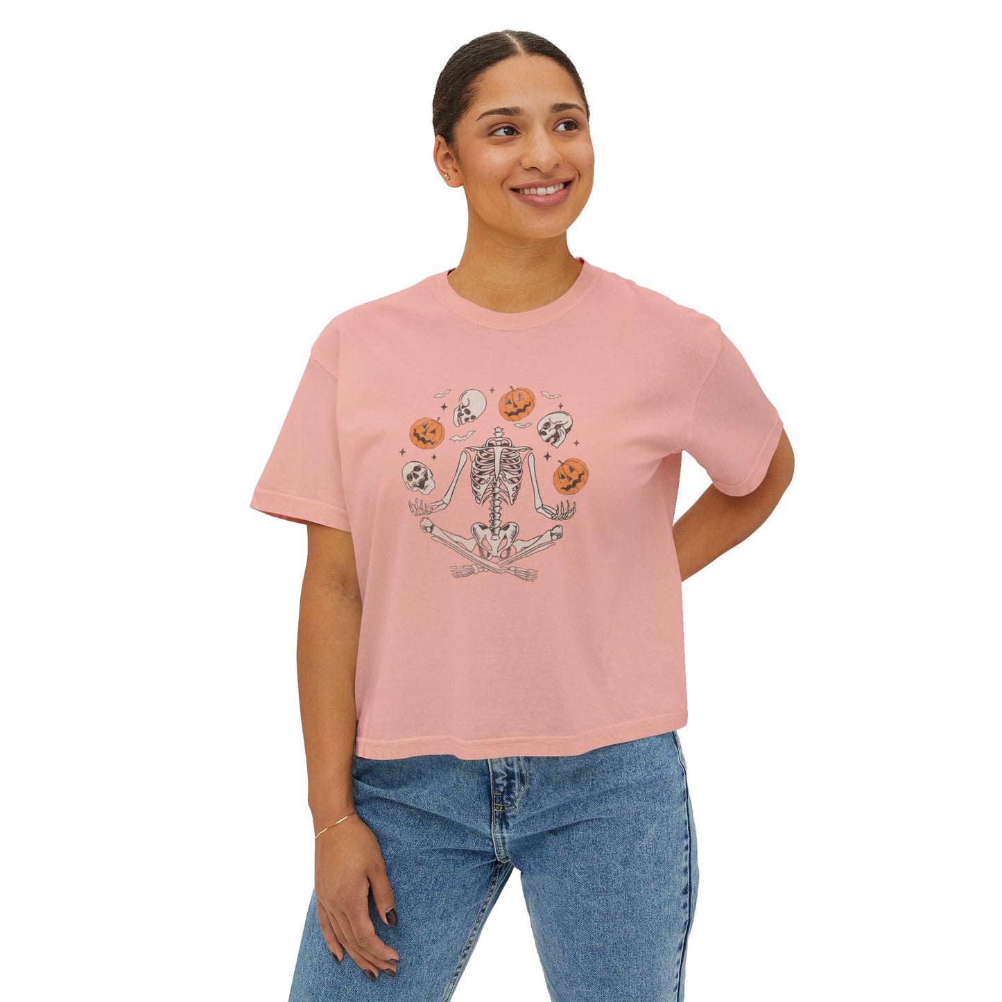 Spooky Skeleton Women's Boxy Tee, Halloween Shirt, Casual Fall Tee, Graphic Top, Trendy Outfit